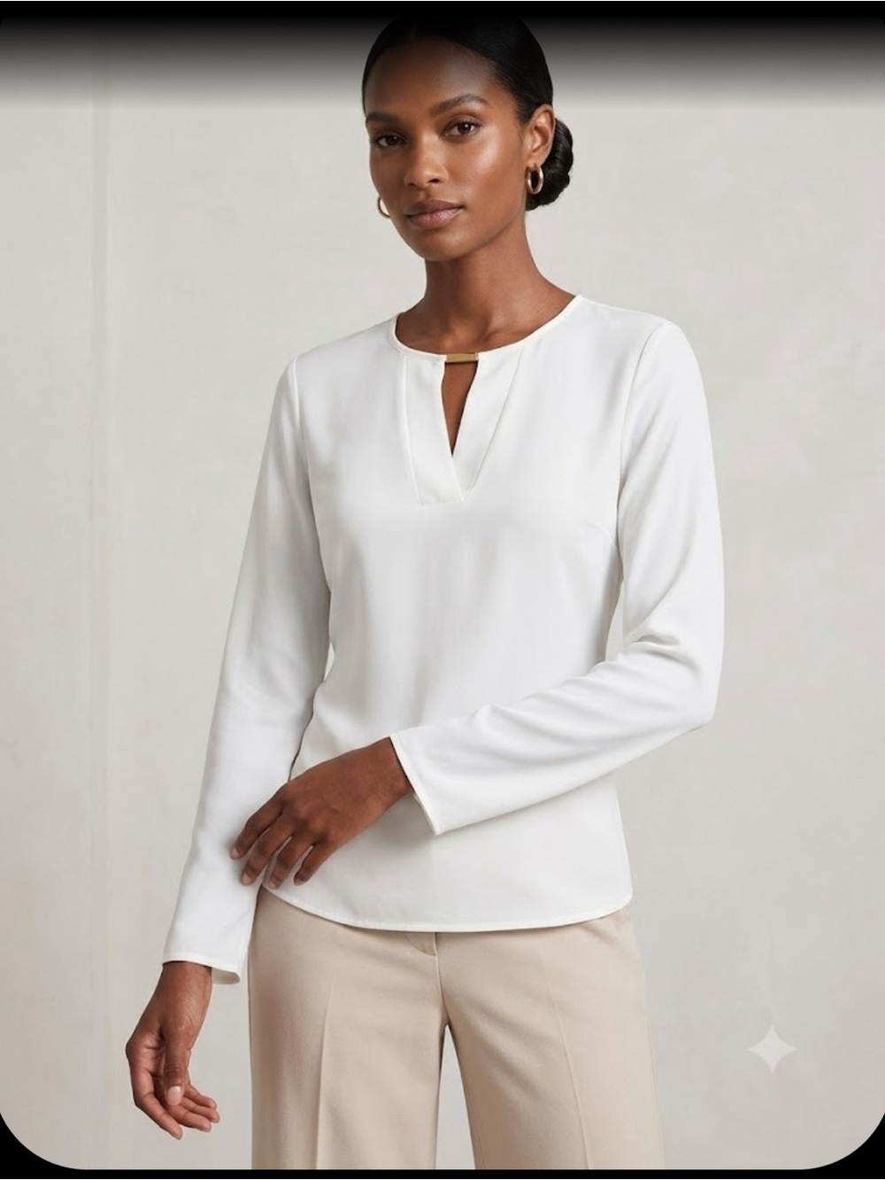 Tahari White Long-Sleeve Split-Neck Blouse